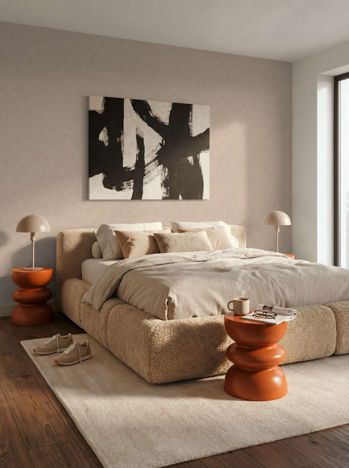 Schlafzimmer, Bett, Sofa, Beistelltisch, abstrakte Kunst