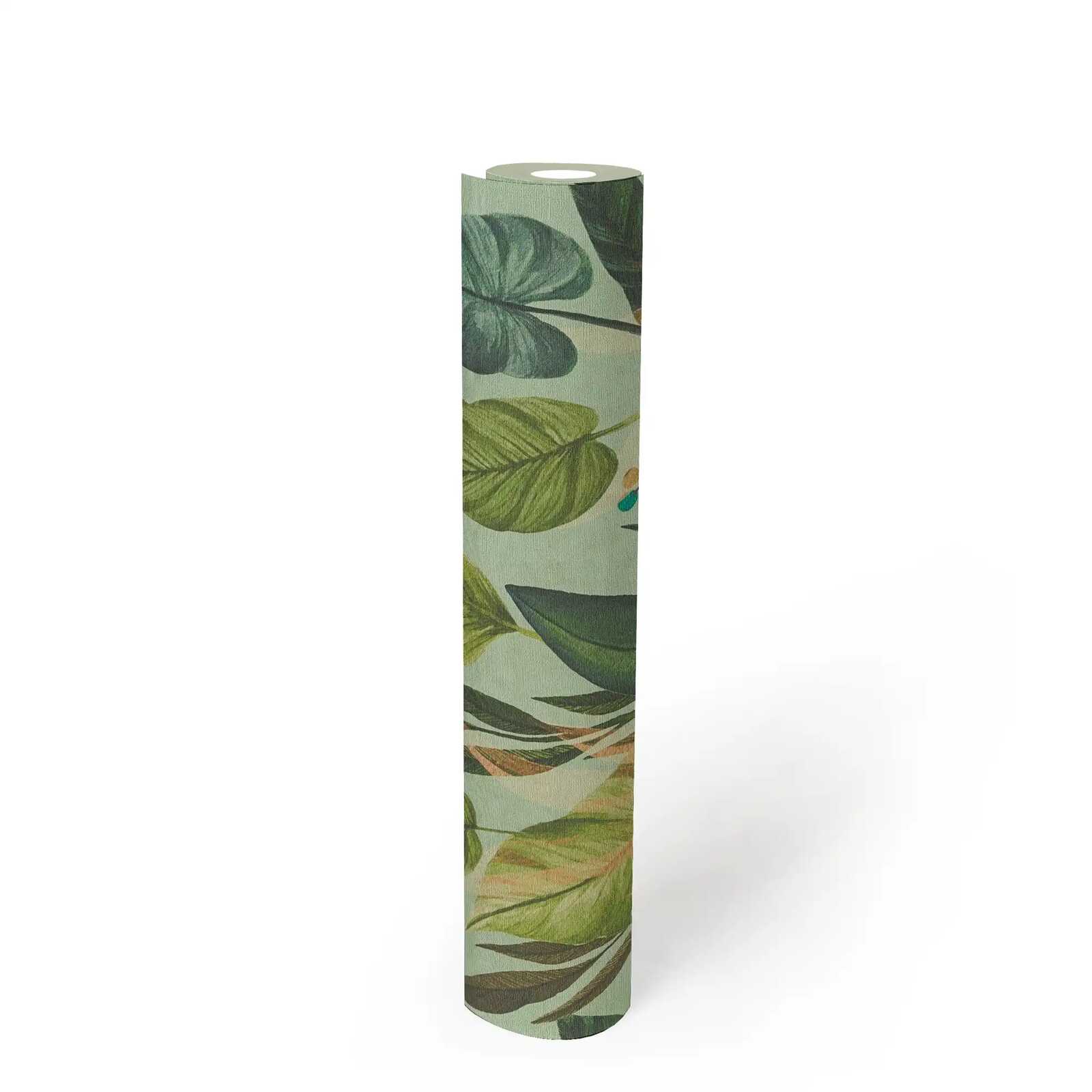             Wilde Vliestapete mit tropischem Blättermuster, einfach strukturiert – Grün, Blau
        