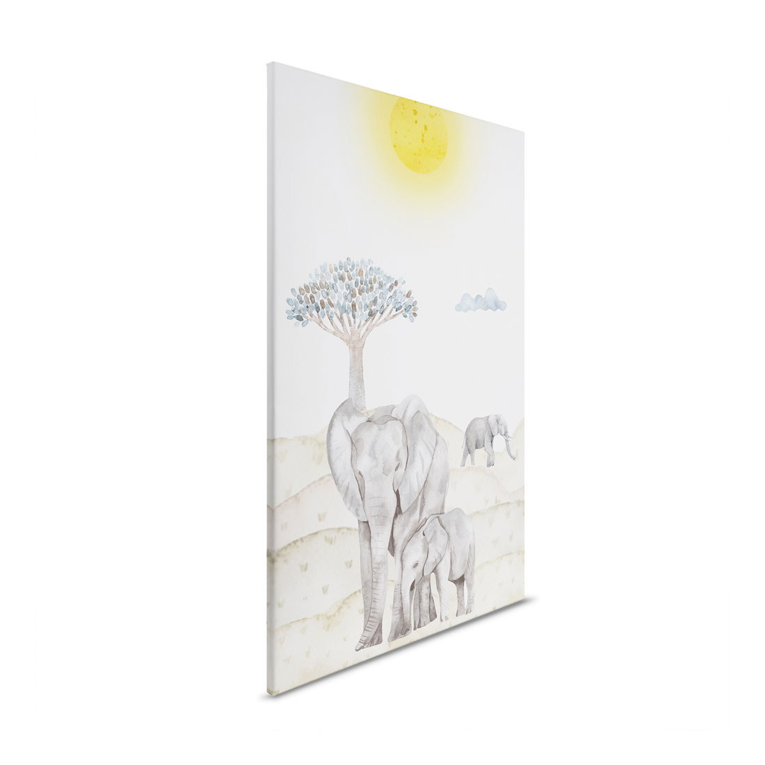         Leinwandbild Elefantenfamilie in der Savanne - Sanftes Naturmotiv für Kinderzimmerdekoration – 30 x 40 cm - Beige, Blau
    