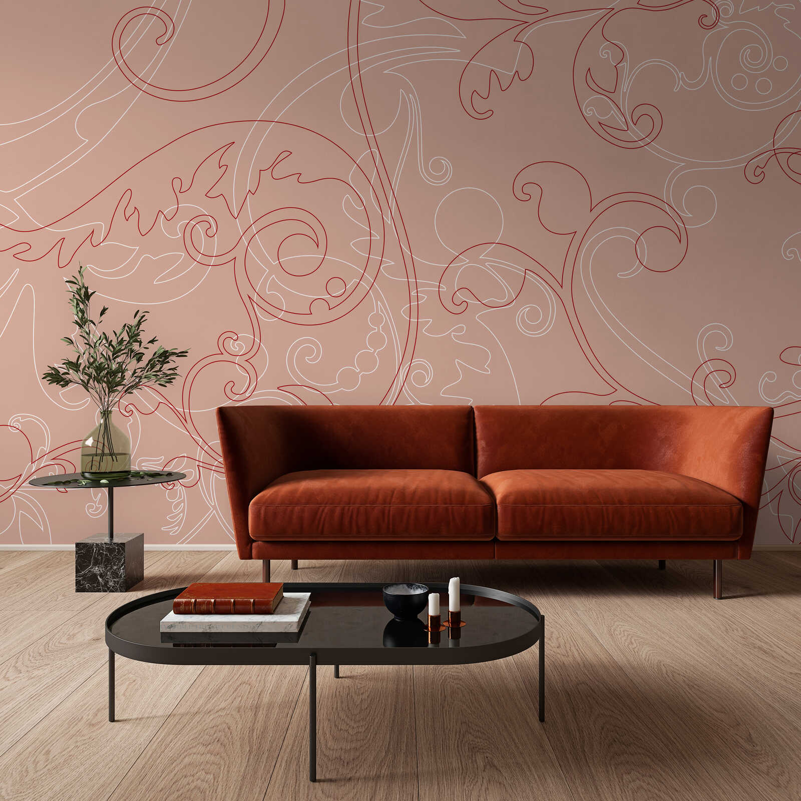 Sofa, Rotes Sofa, Samtbezug, Wohnzimmer, Couchtisch