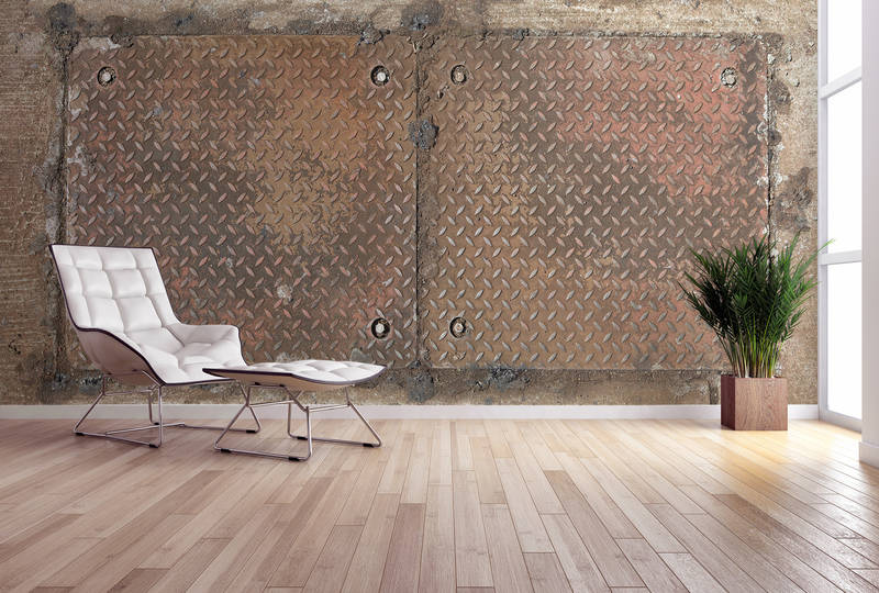industrielle Wand, Metallmuster, Diamantblech, Bodenbelag, minimalistischer Raum