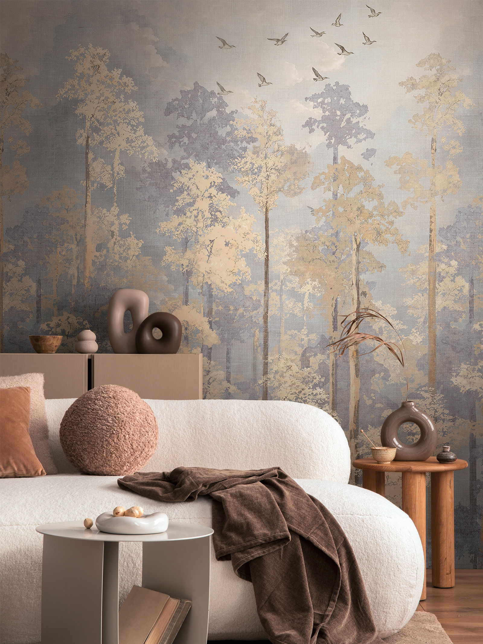 COSMOLiving - motif wallpaper with golden blossoms and leaves on a soft background - Nature's Awakening - beige, blue, yellow