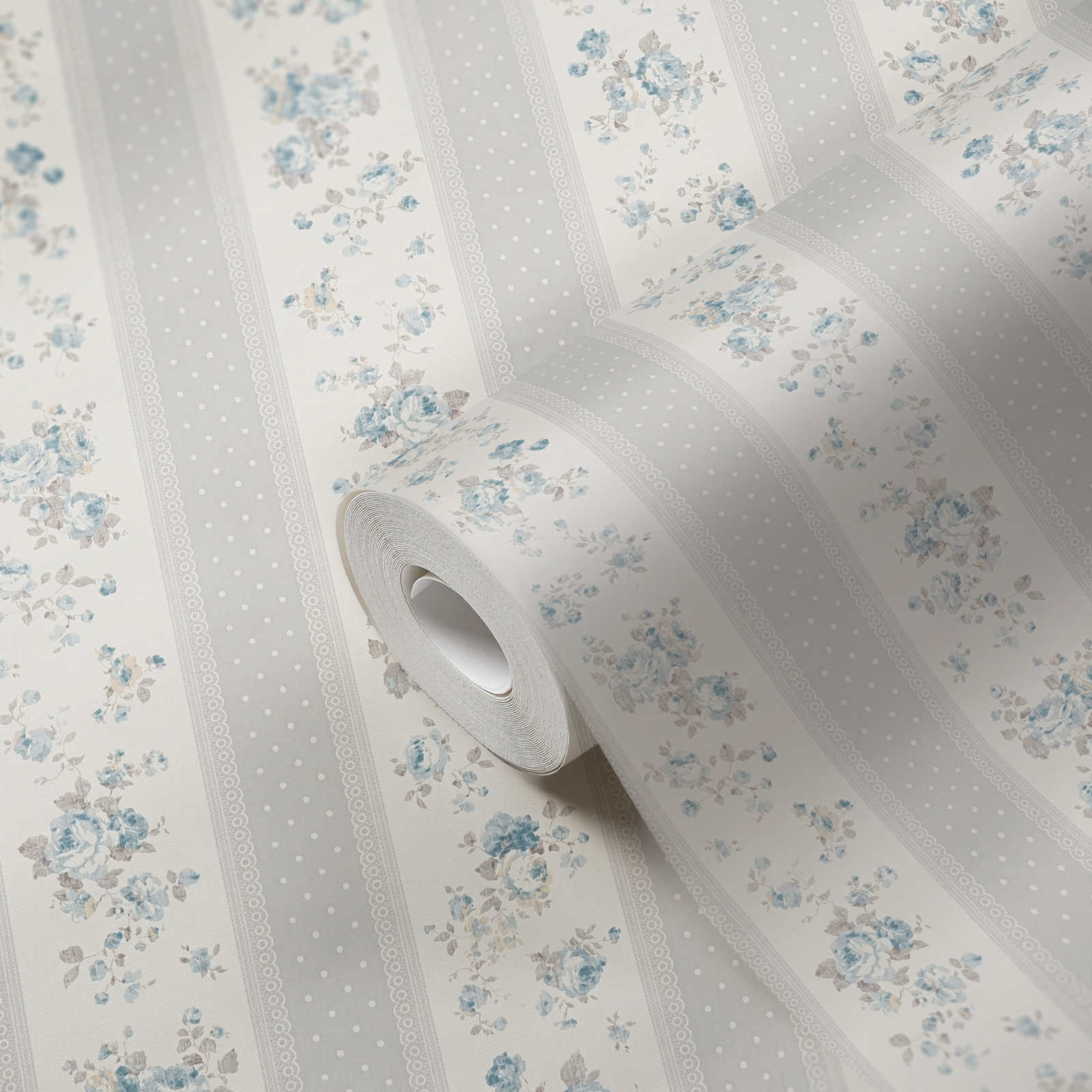 Vliestapete mit gepunkteten und floralen Streifen – Grau, Weiß, Blau