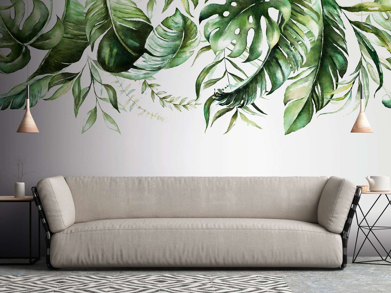             Papier peint avec des rinceaux de feuilles tropicales sur un mur - vert, blanc
        