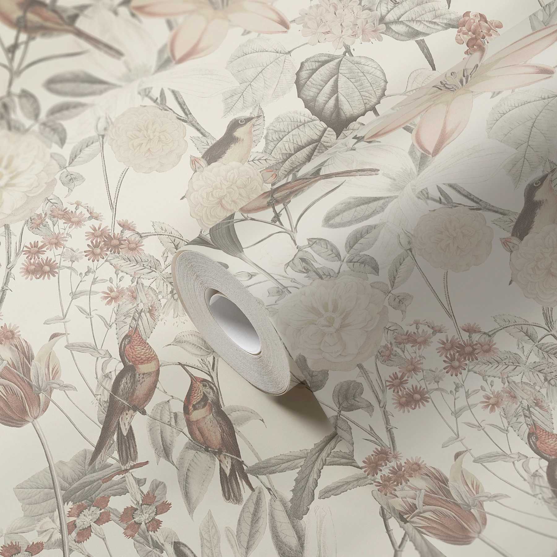             Tapete exotische Blüten & Vogel-Motiv – Grau, Rosa, Orange
        