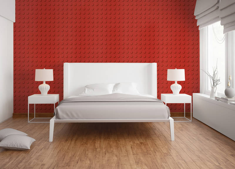 Bett, Schlafzimmer, rote Wand, weiße Möbel, Lampen