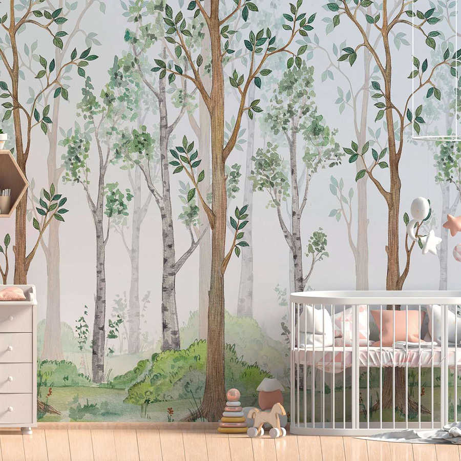 wald mural, wandtapete, baumstämme, grün tones, babyzimmer
