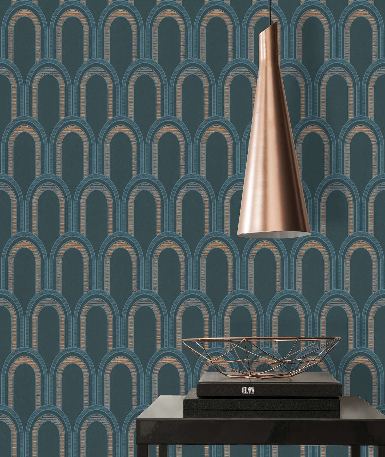 Tapete mit Bogenmuster und Glanzeffekt – Petrol, Blau, Gold
