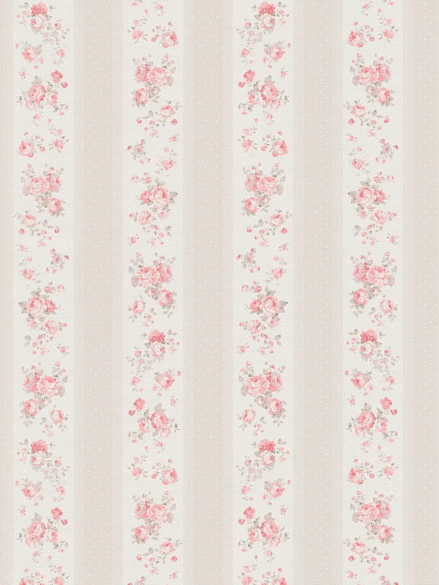         Shabby Chic style wallpaper with floral and dotted stripes - greige, white, red
    