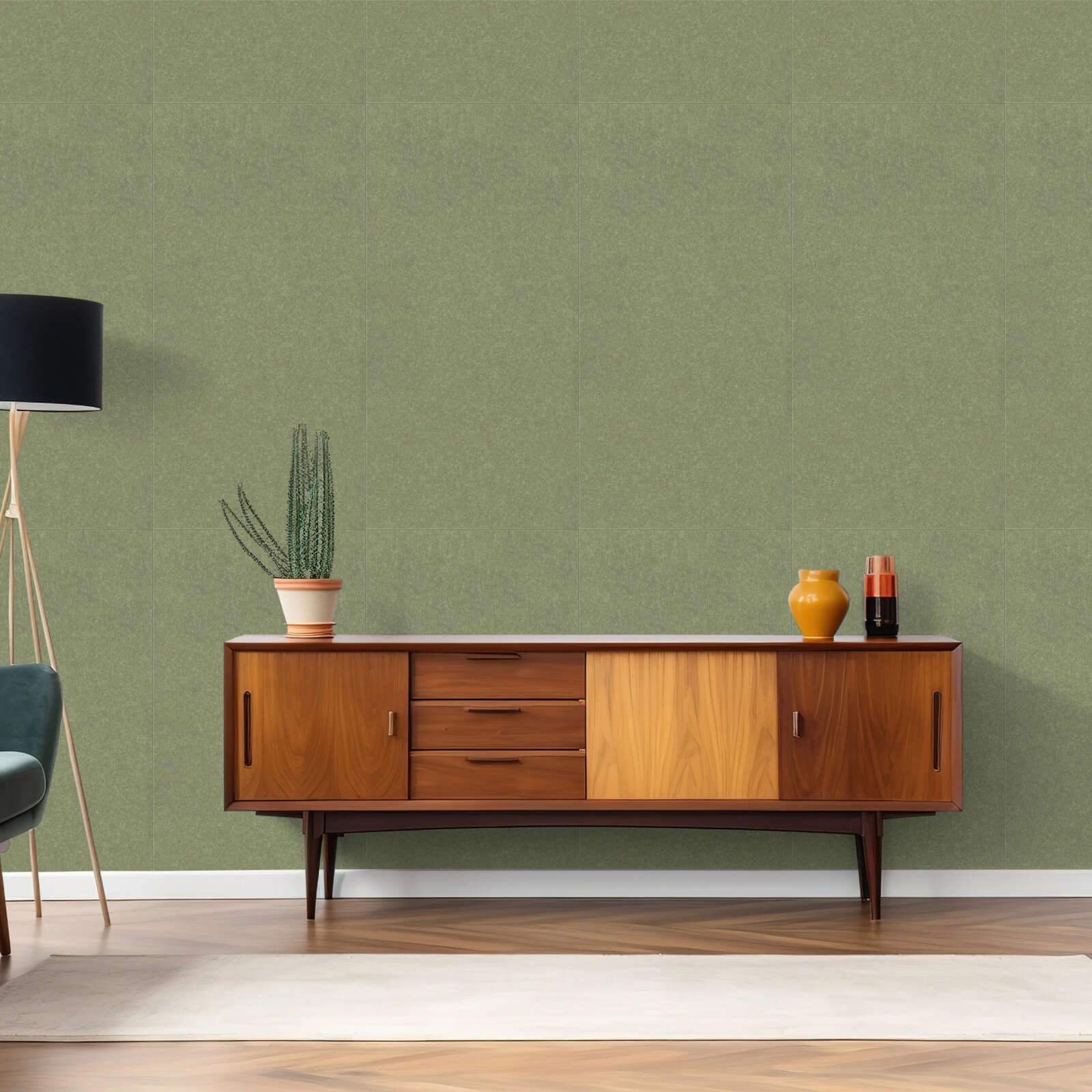 Sideboard, Mid-century, Holz, Grüner Hintergrund, Dekor-Vase