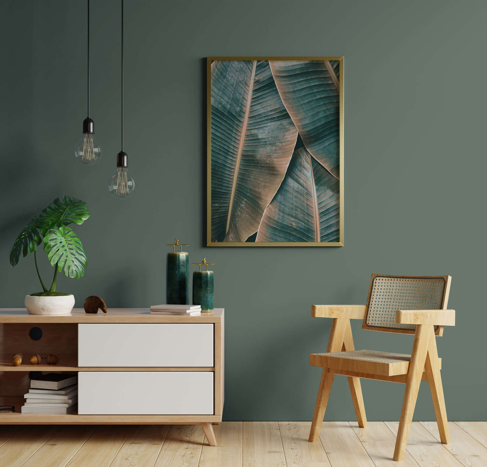 Interior Dekor, Wandkunst, Bildrahmen, grüne Wand, Holzmöbel