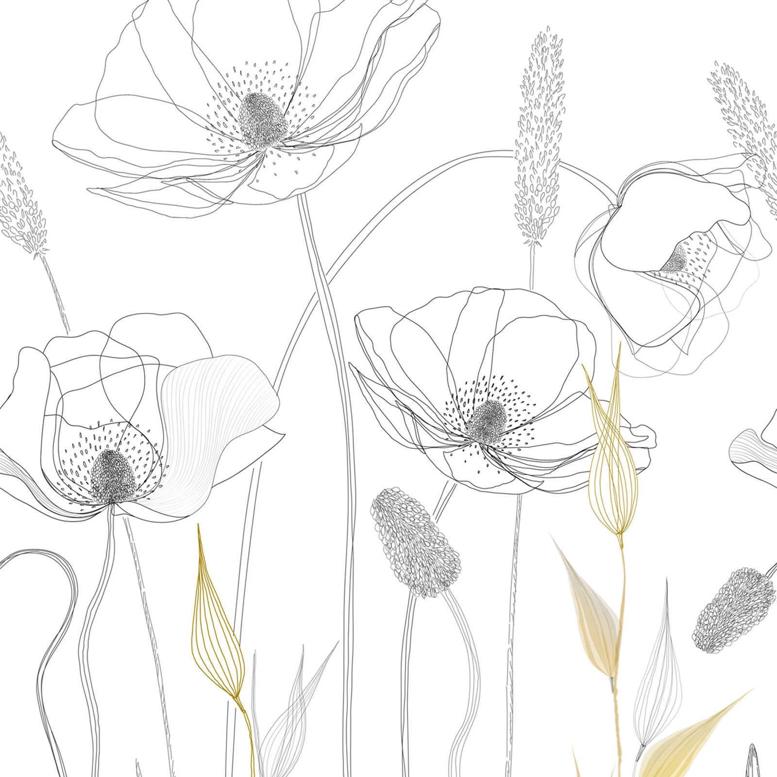             Feine Blumenmotiv Tapete in gezeichnetem Stil – Weiß, Schwarz, Gelb
        