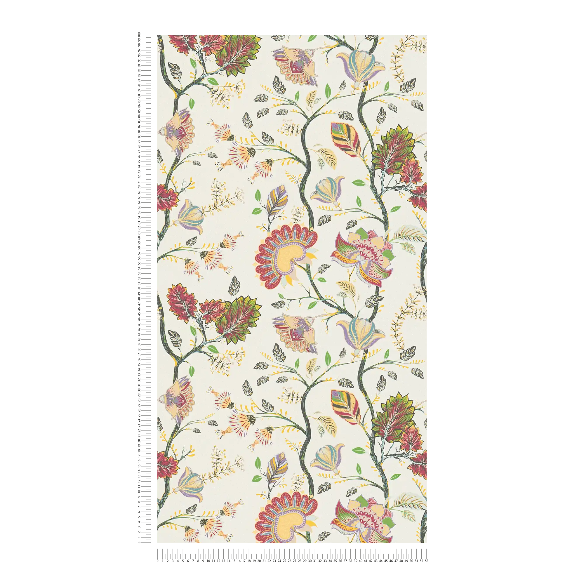             Florale Vliestapete mit kräftigen Farben - Rot, Gelb, Grün
        