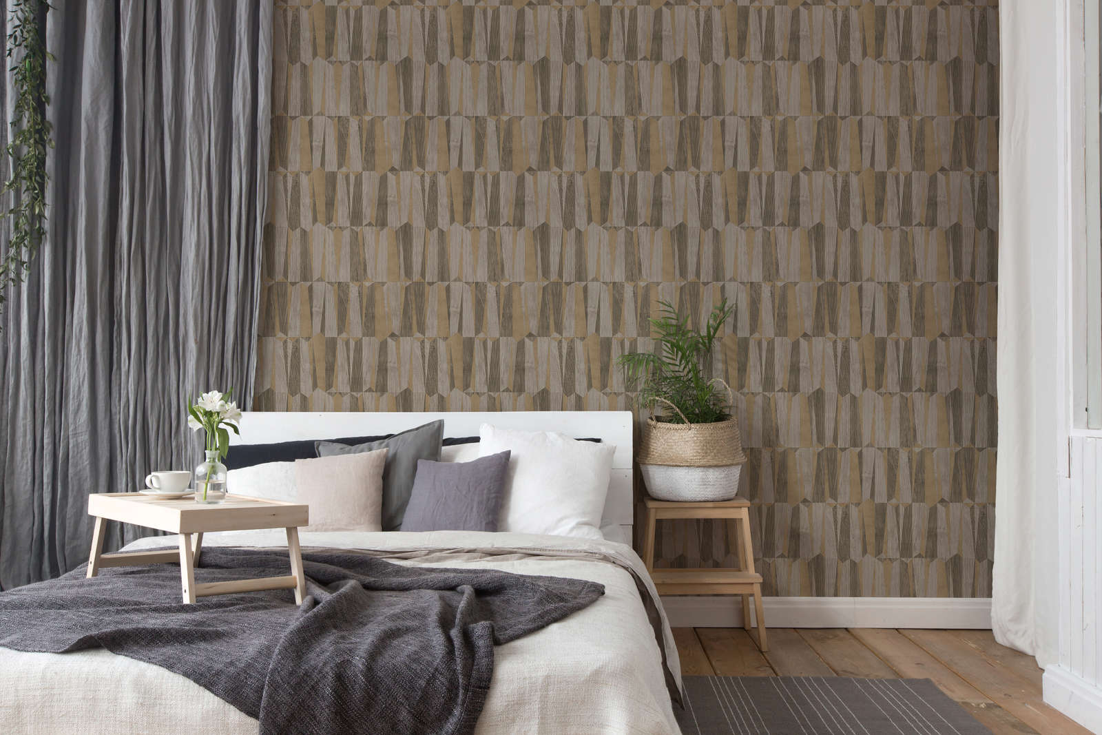 Ethno Tapete mit Metallic &amp; Holzeffekt – Braun, Grau