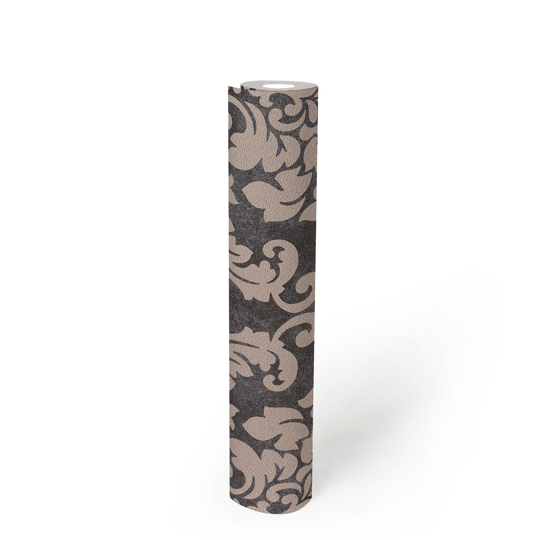             Florale Ornamenttapete mit Metallic-Effekt – Schwarz, Silber, Beige
        