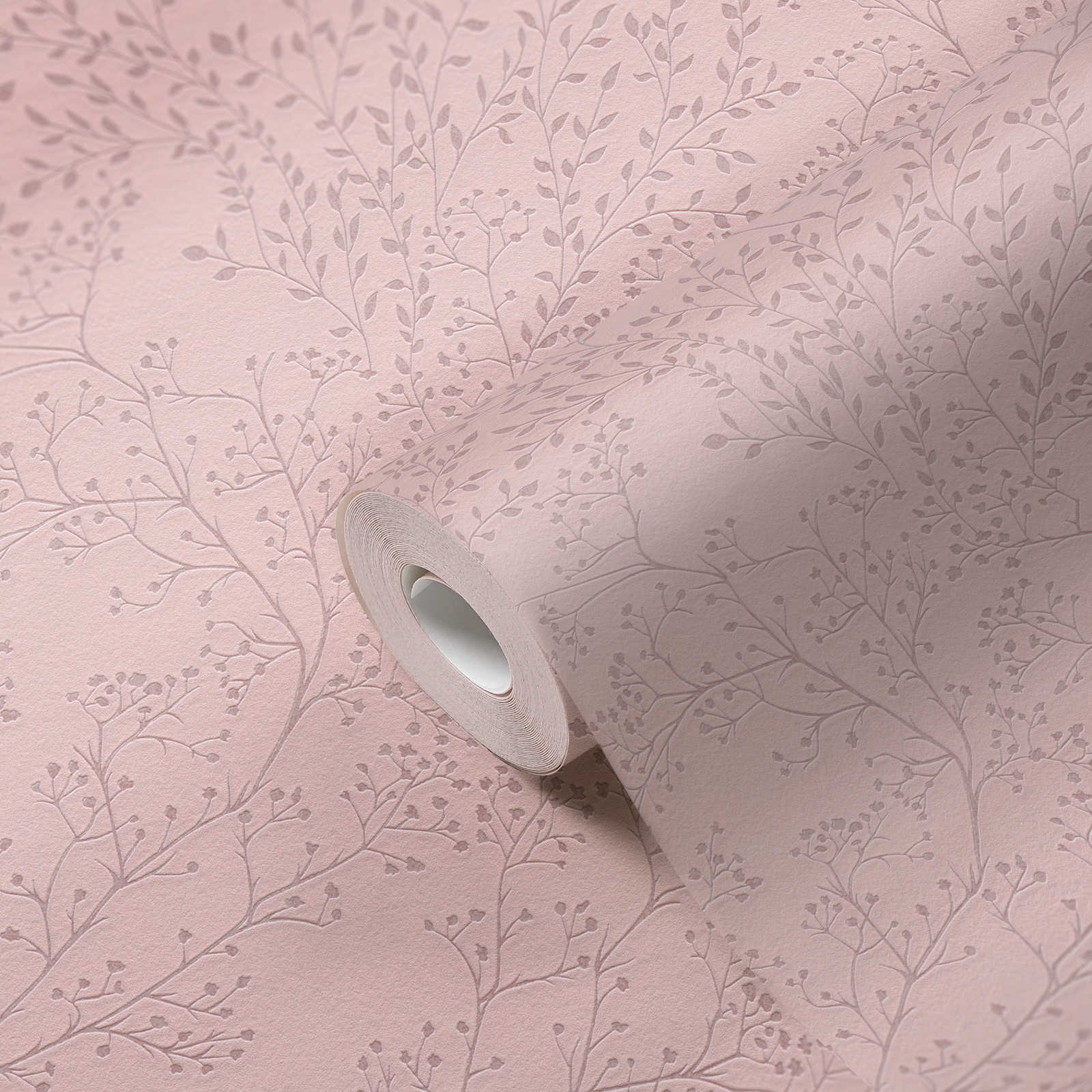             Einfarbige Tapete Rosa mit Blätter Muster, Glanz & Struktureffekt
        