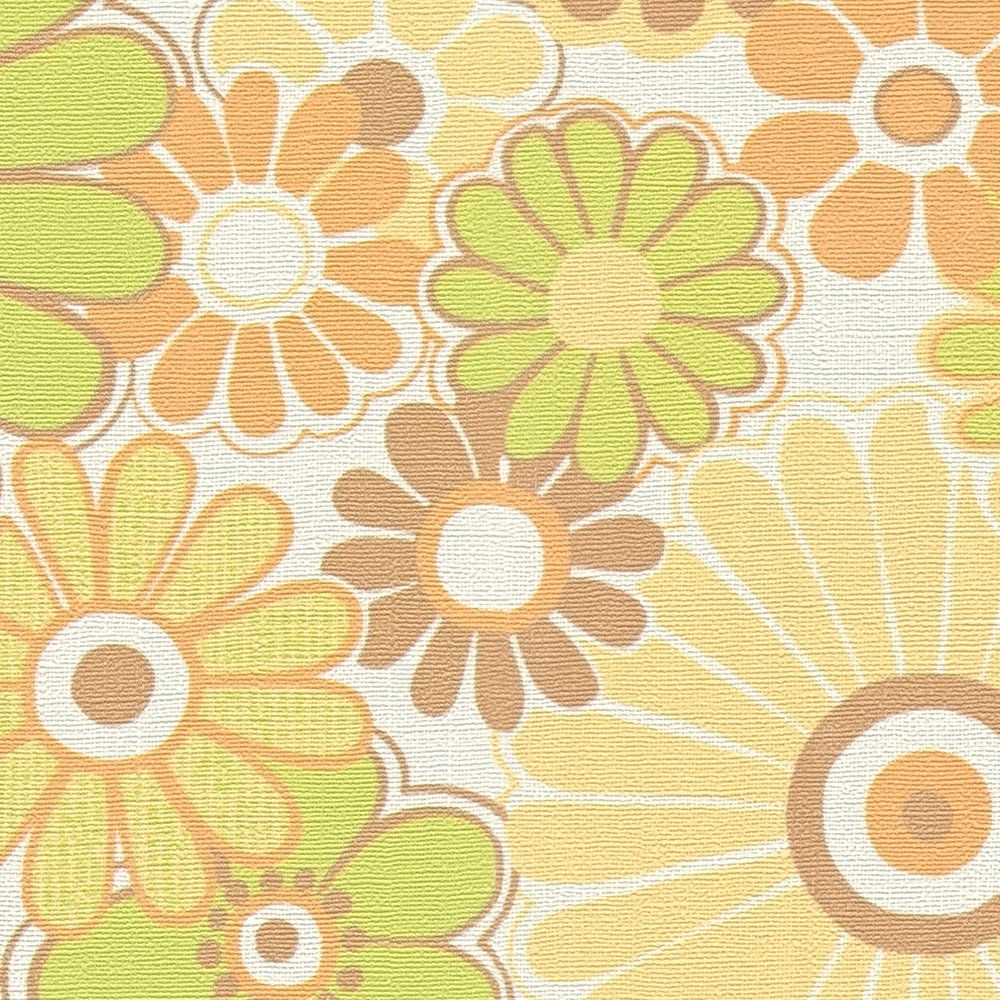             Florale Retro Tapete mit leichter Struktur – Gelb, Grün, Braun
        