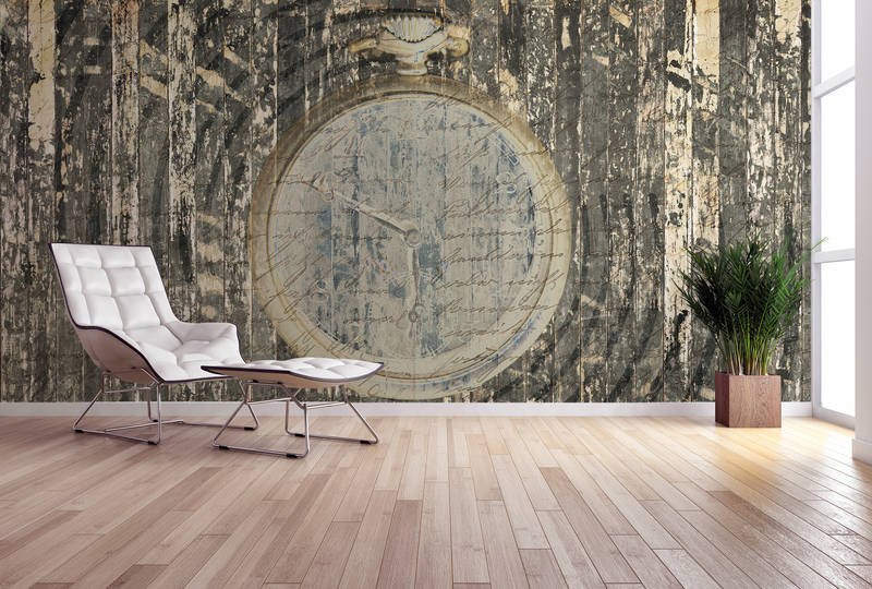             Used-Look Fototapete – Vliestapete im Retro Stil mit Taschenuhr – Braun, Grau
        