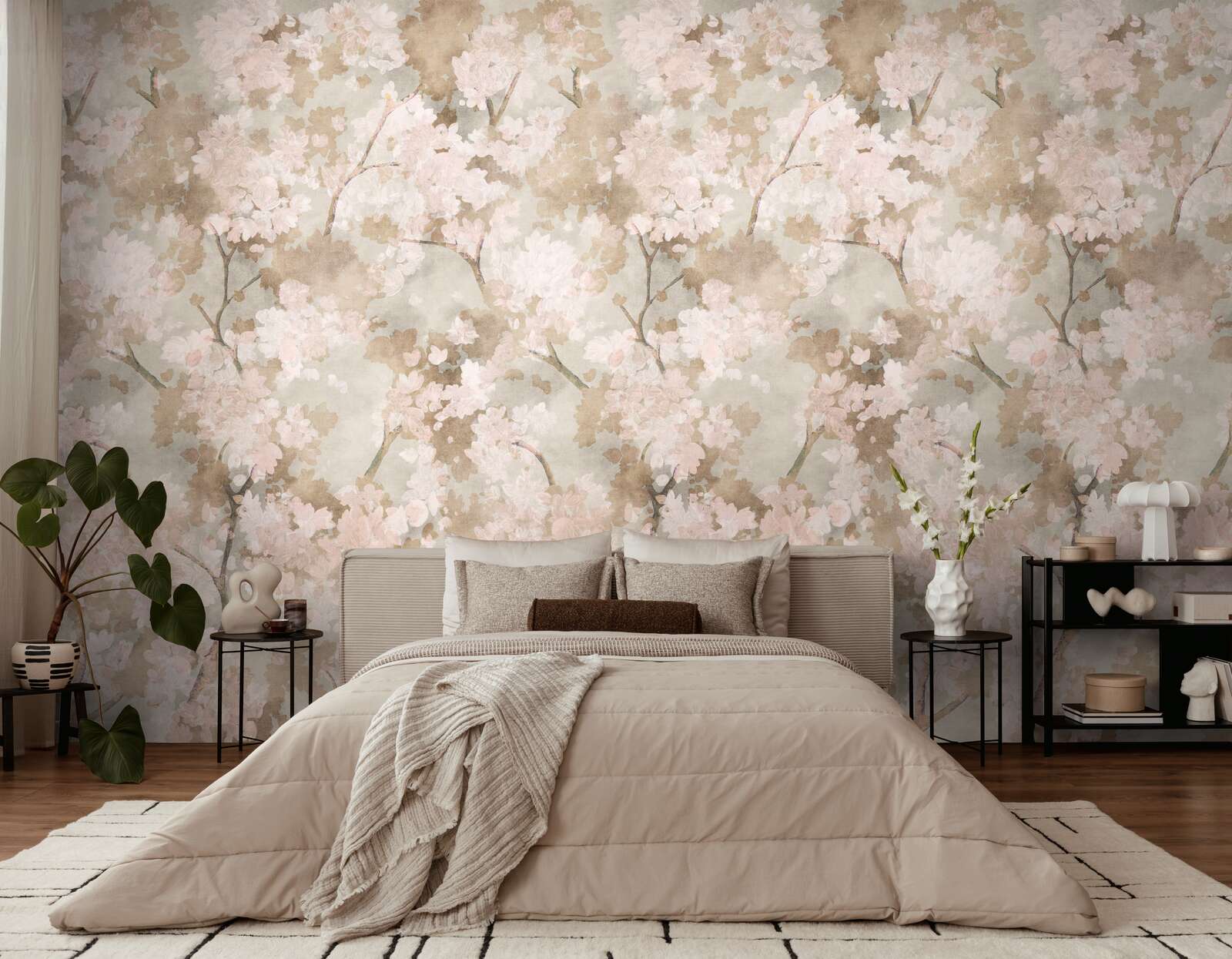 wanddeko,  wallpaper, blütenmuster, pastellfarben, bettzimmer