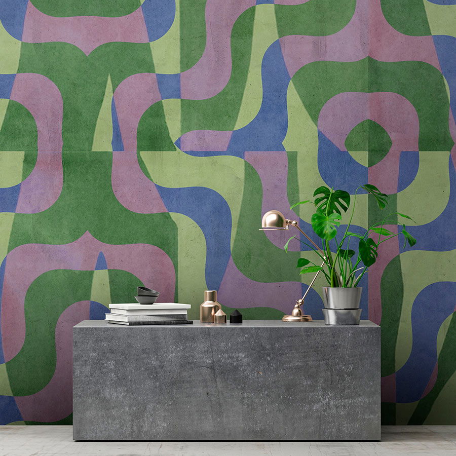         Fototapete »viola« - Abstraktes Retromuster vor Betonputzoptik – Grün, Blau, Lila | Glattes, leicht glänzendes Premiumvlies
    