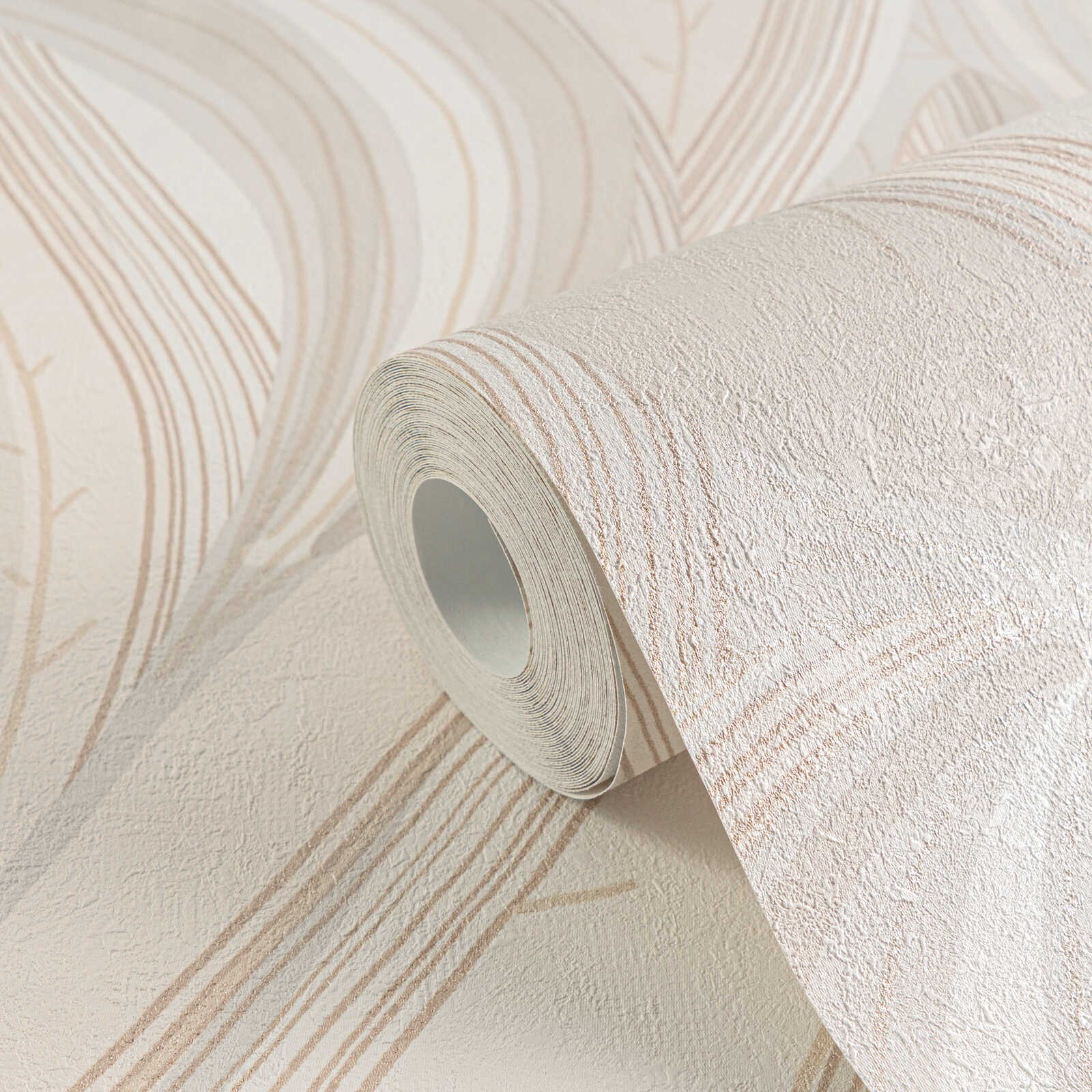             Extravagante und fein strukturierte Vliestapete mit geschwungenem, dynamischem Blätter-Design – Creme, Beige, Hellgrau
        