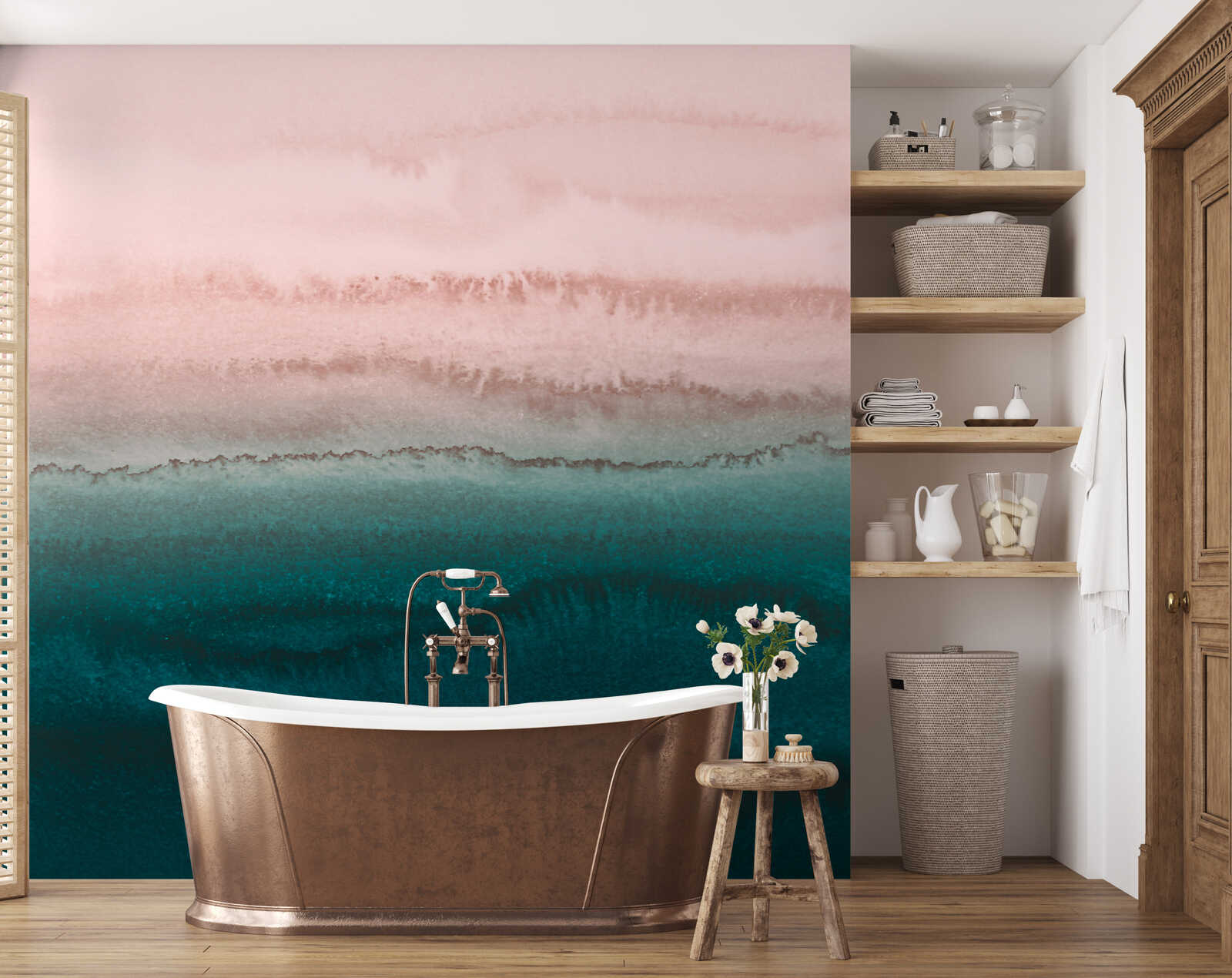 Badewanne, Freistehende Badewanne, Rosa Wand, Türkisgrüner Farbverlauf, Badezimmerdekoration