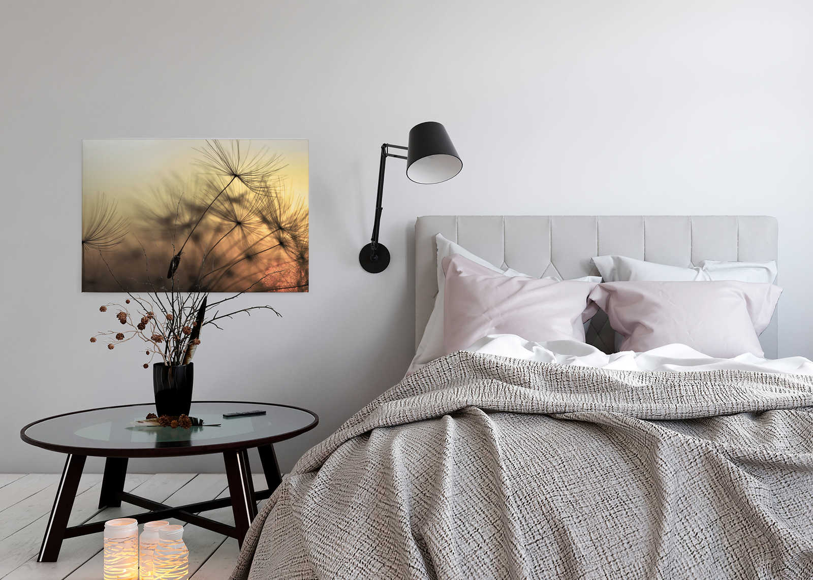             Leinwand mit fliegender Pusteblume im Sonnenuntergang – 0,90 m x 0,60 m
        