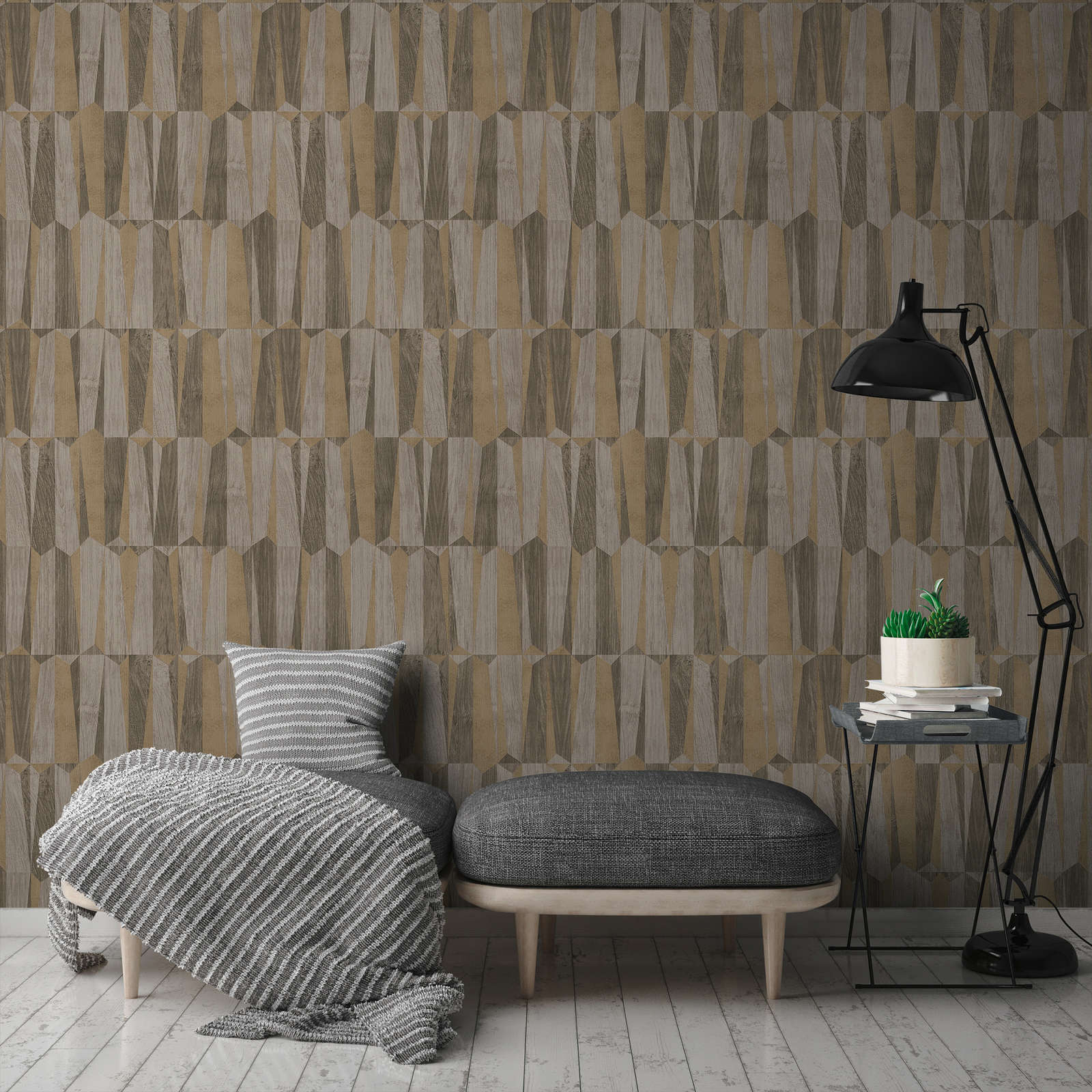 Ethno Tapete mit Metallic &amp; Holzeffekt – Braun, Grau