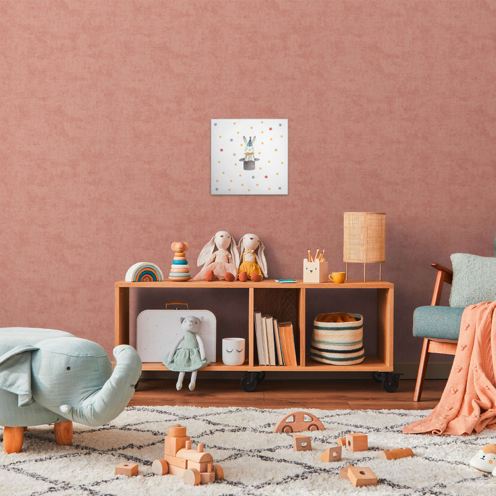             Leinwandbild Zauberhase im Hut - Magisches Kinderzimmer-Motiv mit Sternendekor – 30 x 30 cm - Bunt, Blau
        
