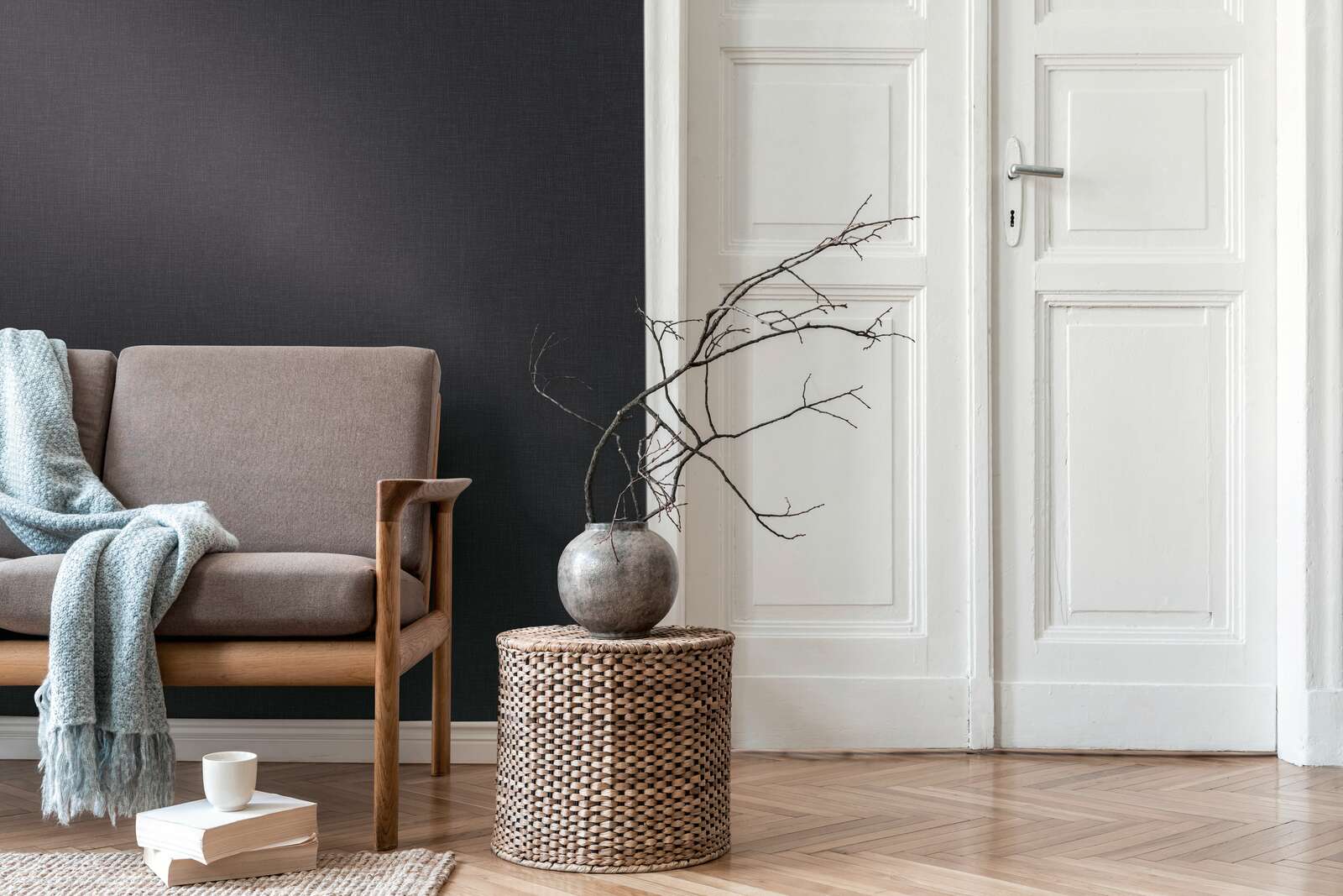             Vliestapete meliert mit Textil-Optik – Blau, Grau, Weiß
        