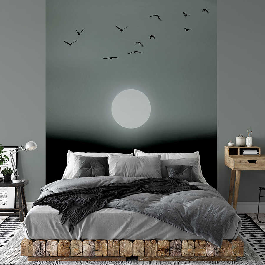Bett, Bettgestell, Mondmotiv, Wandtapete, Schwarzgrau