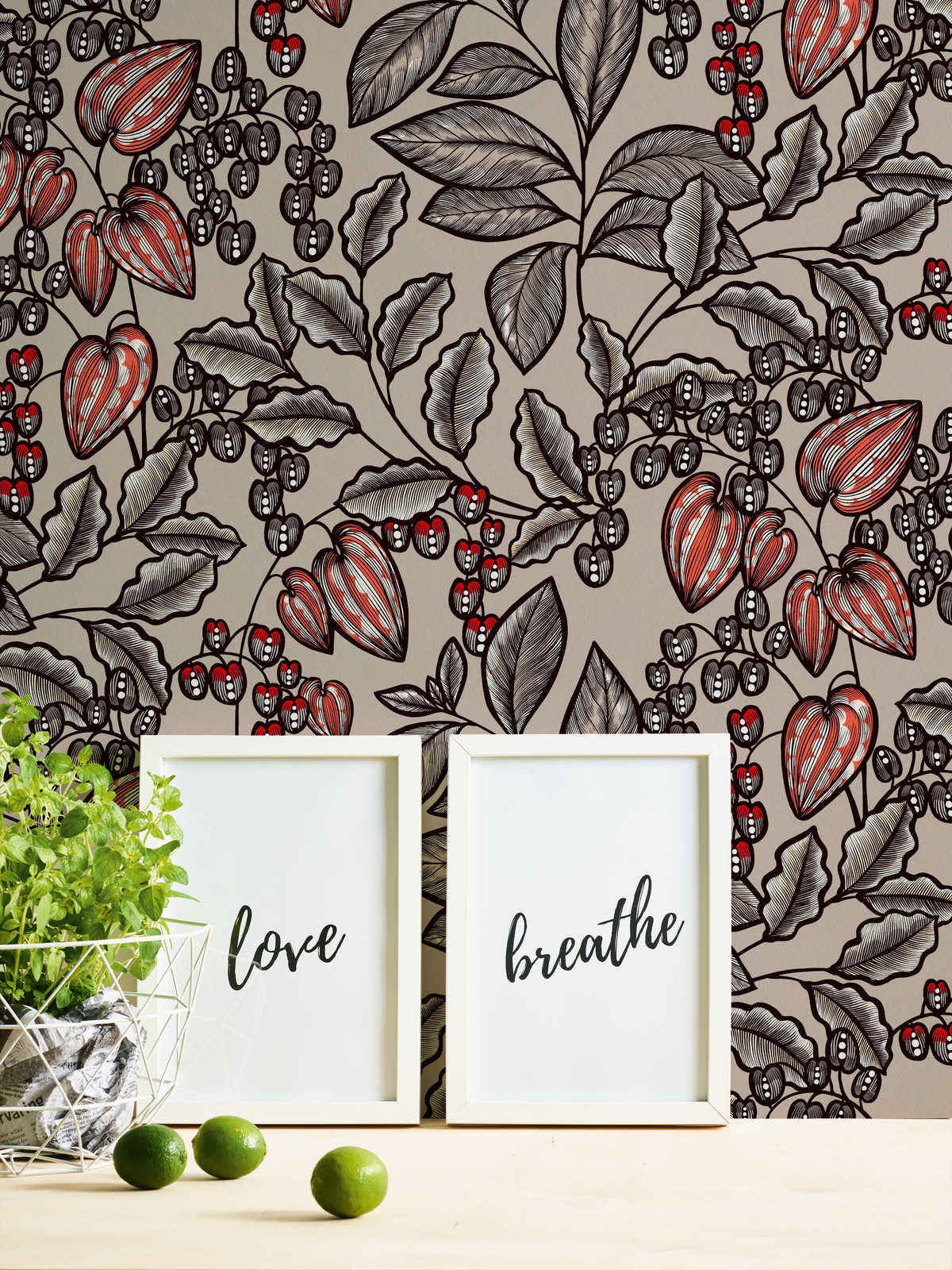             Tapete Greige modernes Blumen & Blätter Design – Braun, Grau, Rot
        
