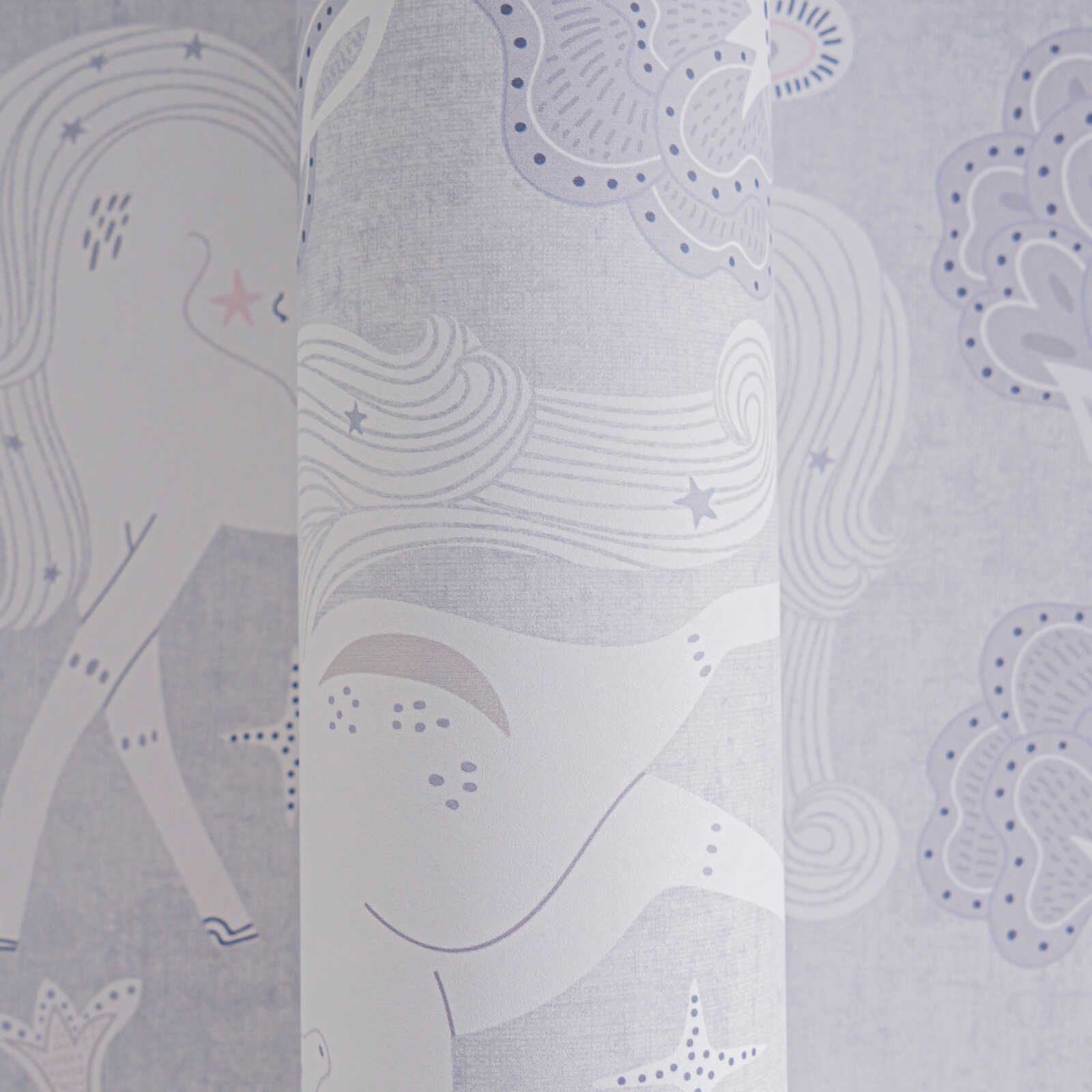             Kinderzimmer Vliestapete Fantasie-Wald - Zauberhafte Motive mit Einhörnern für kleine Träumer – Grau, Rosa, Weiß
        