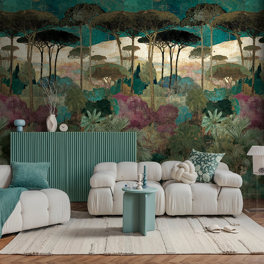 Wandtapete, Dschungelmuster, Waldlandschaft, großes Sofa, Wohnzimmerdeko