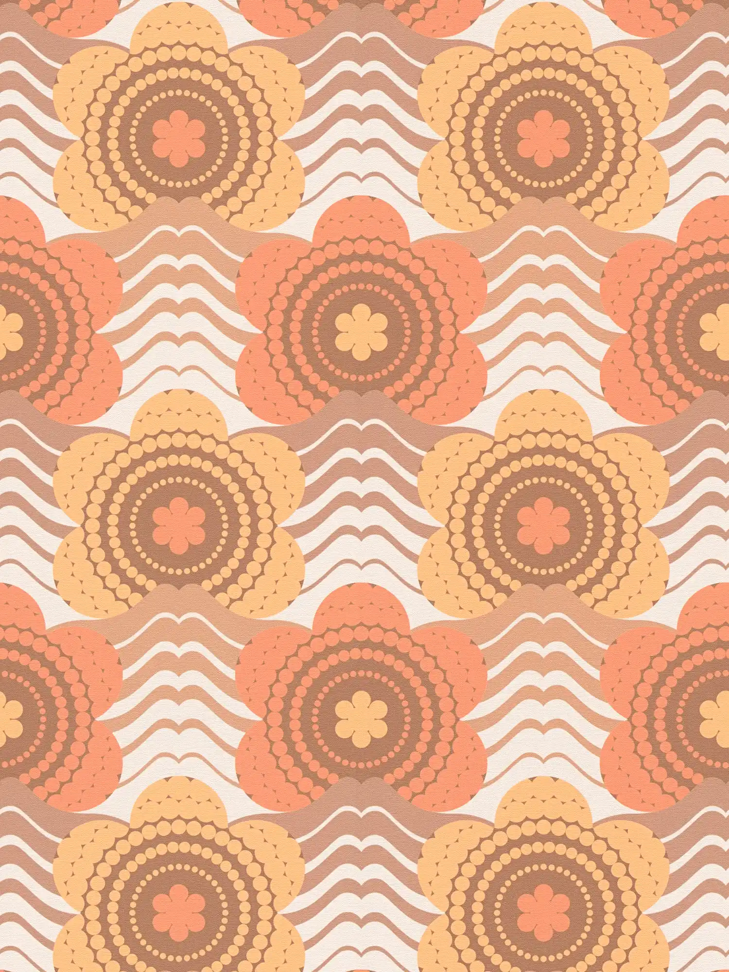 Florale Bemusterung im Dots- Design im Stil der 70er Jahre – Braun, Orange, Gelb