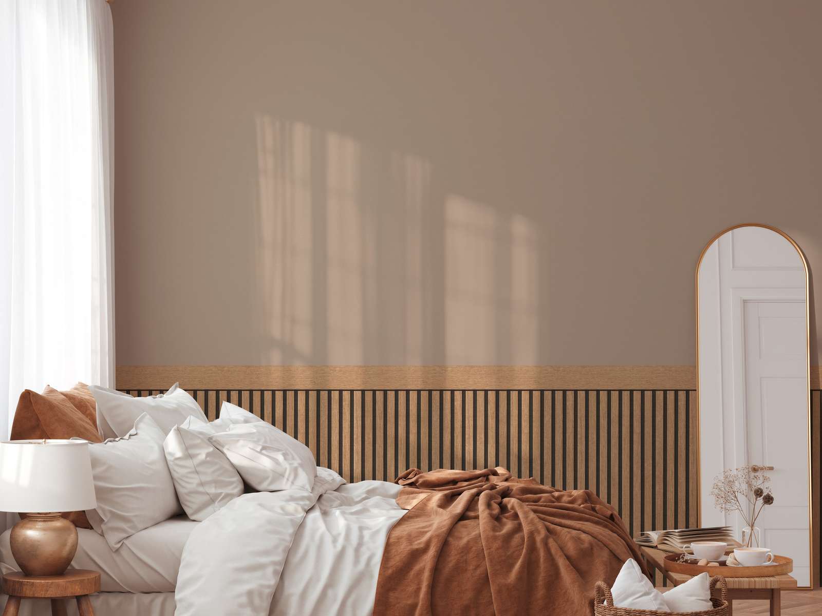             Vlies-Wandpaneel mit realistischen Akustik-Paneel Muster aus Holz – Beige, Braun
        