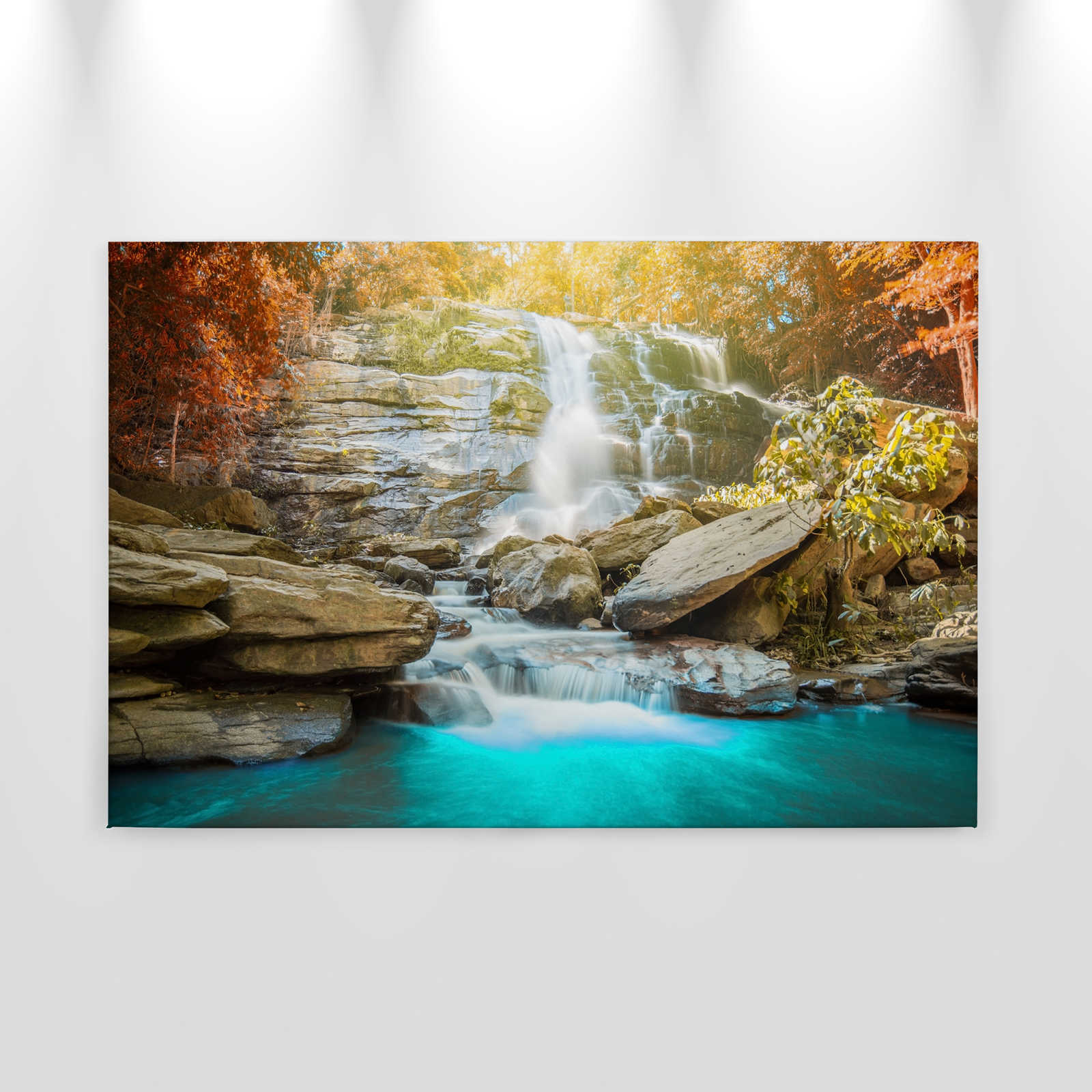             Canvas toont Idyllisch bos met waterval - 0,90 m x 0,60 m
        