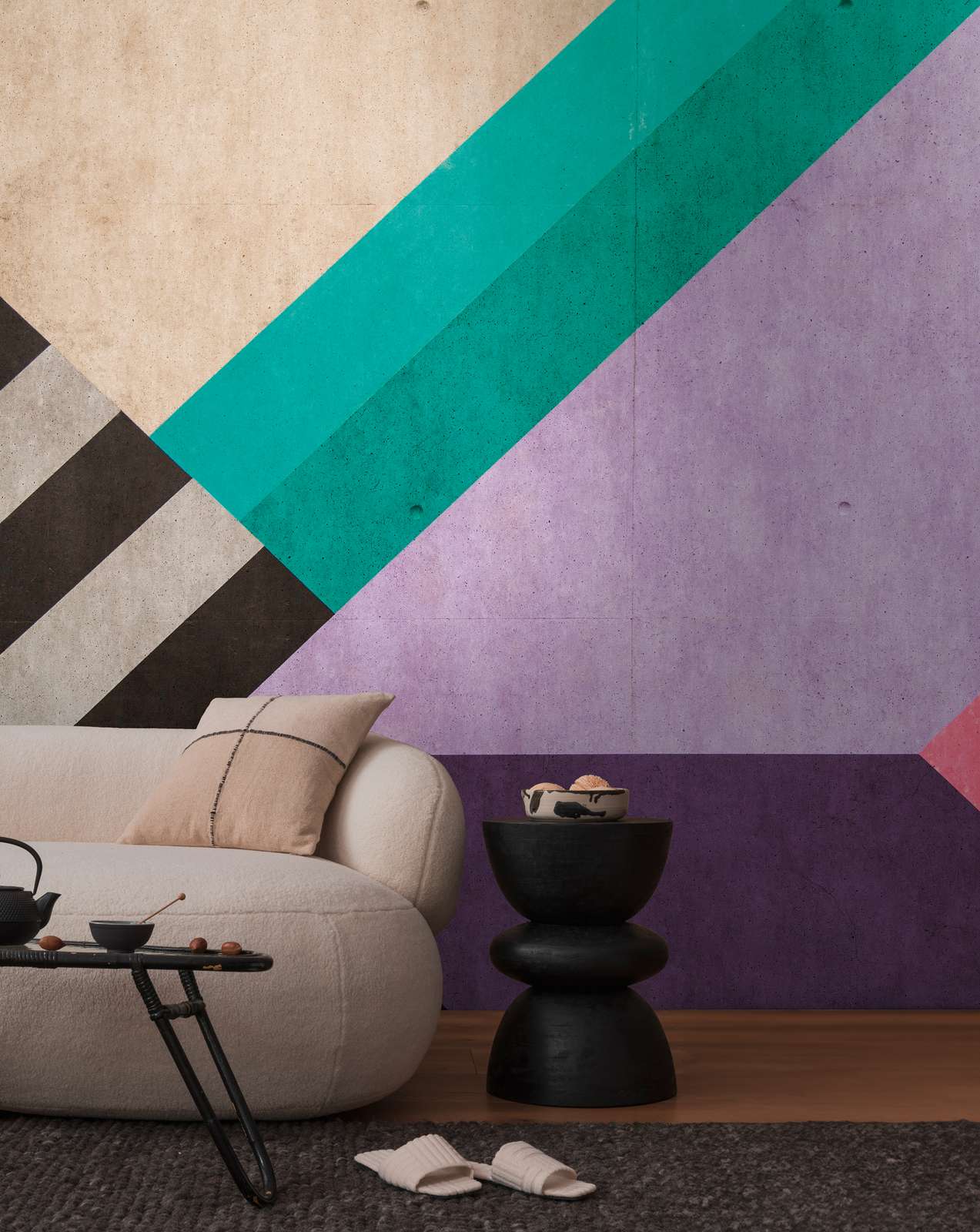 Grafische Fototapete mit dynamischen Linientexturen als Vliestapete – Bunt, Violett, Schwarz