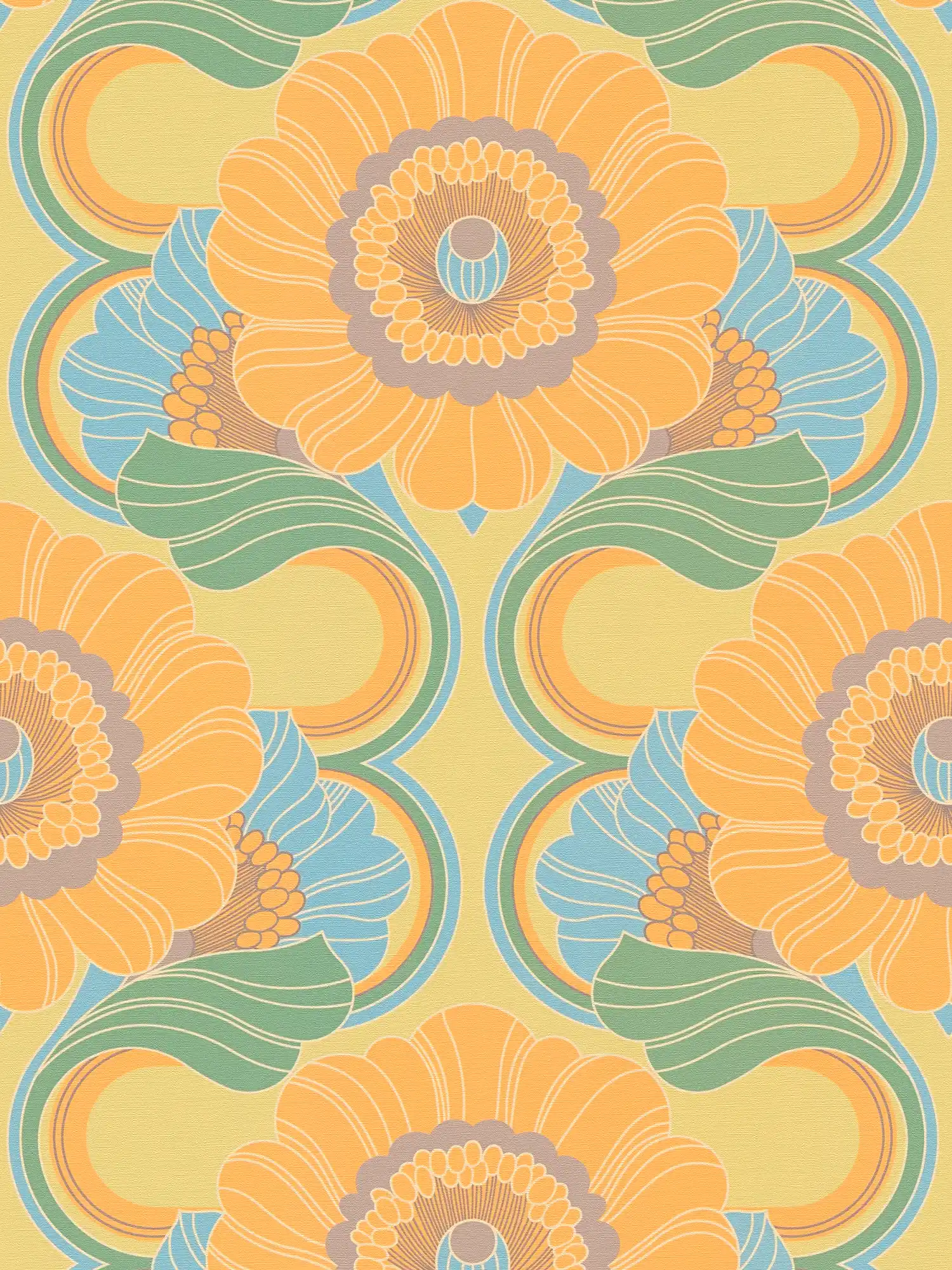 leicht strukturierte Retro Tapete mit floralem Muster – Blau, Gelb, Grün