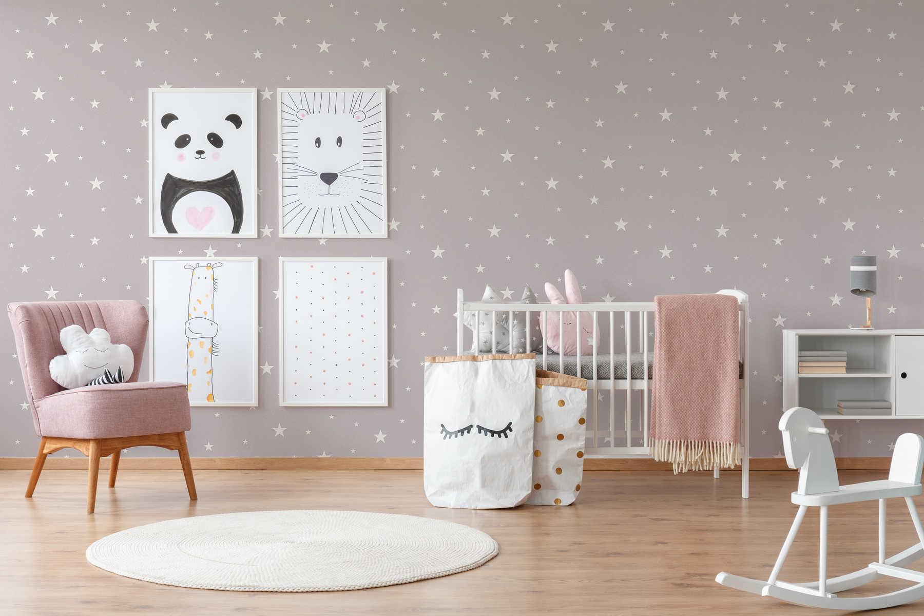 Kinderzimmer, Wandsternchen, Grauer Hintergrund, Bilderrahmen, Aufbewahrungstaschen