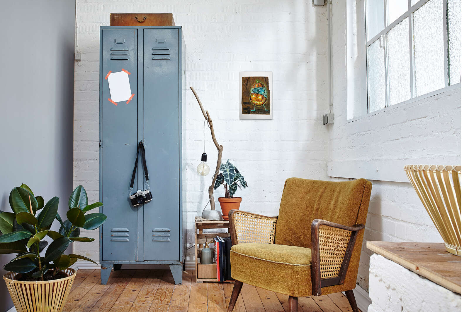             Glowing pumpkin canvas mural 0.7m wide x 0.5m high - Whimsical design with cheerful fantasy creature - Colourful
        