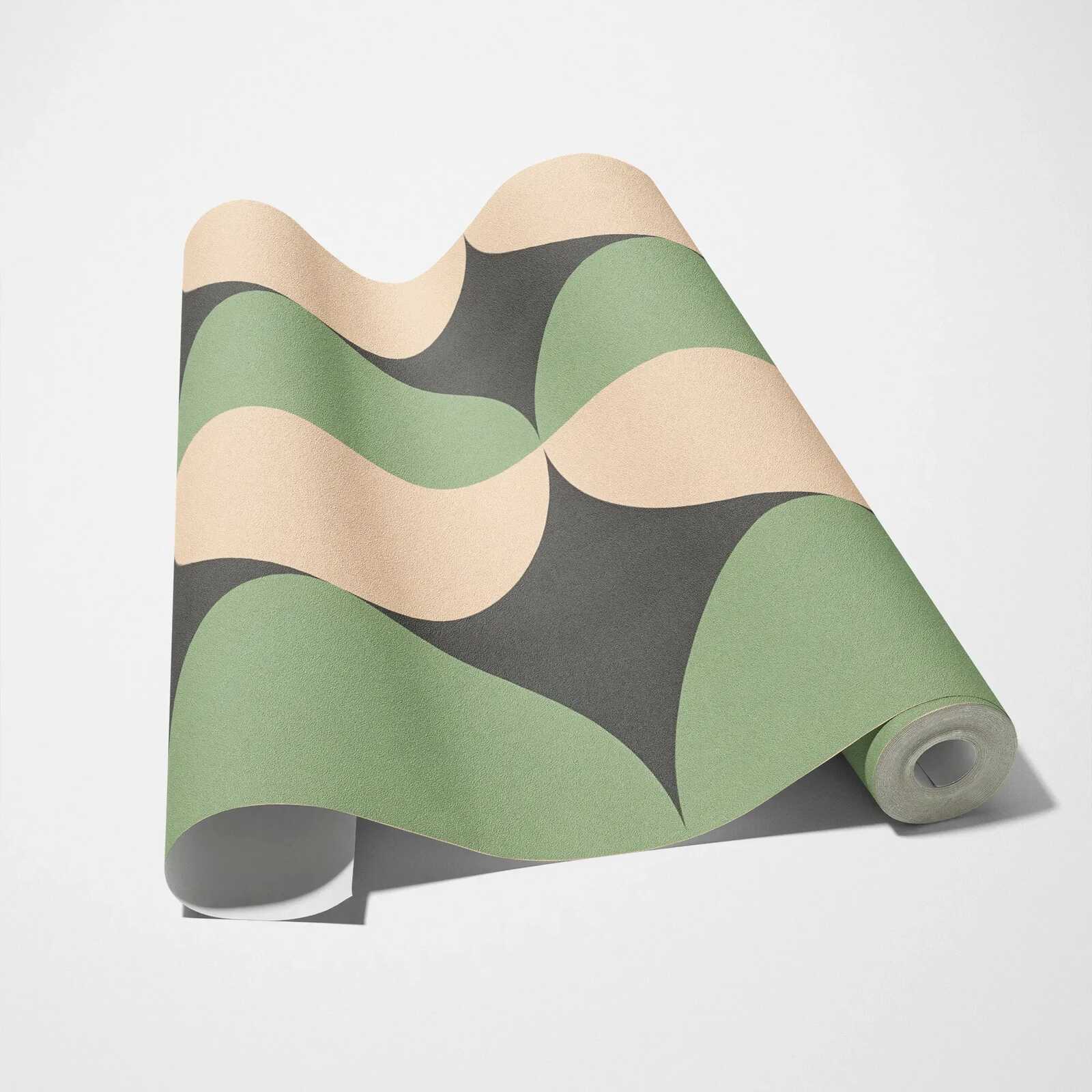 Tapete, Wellenmuster, Rollenware, Grün-Beige, Matte Struktur