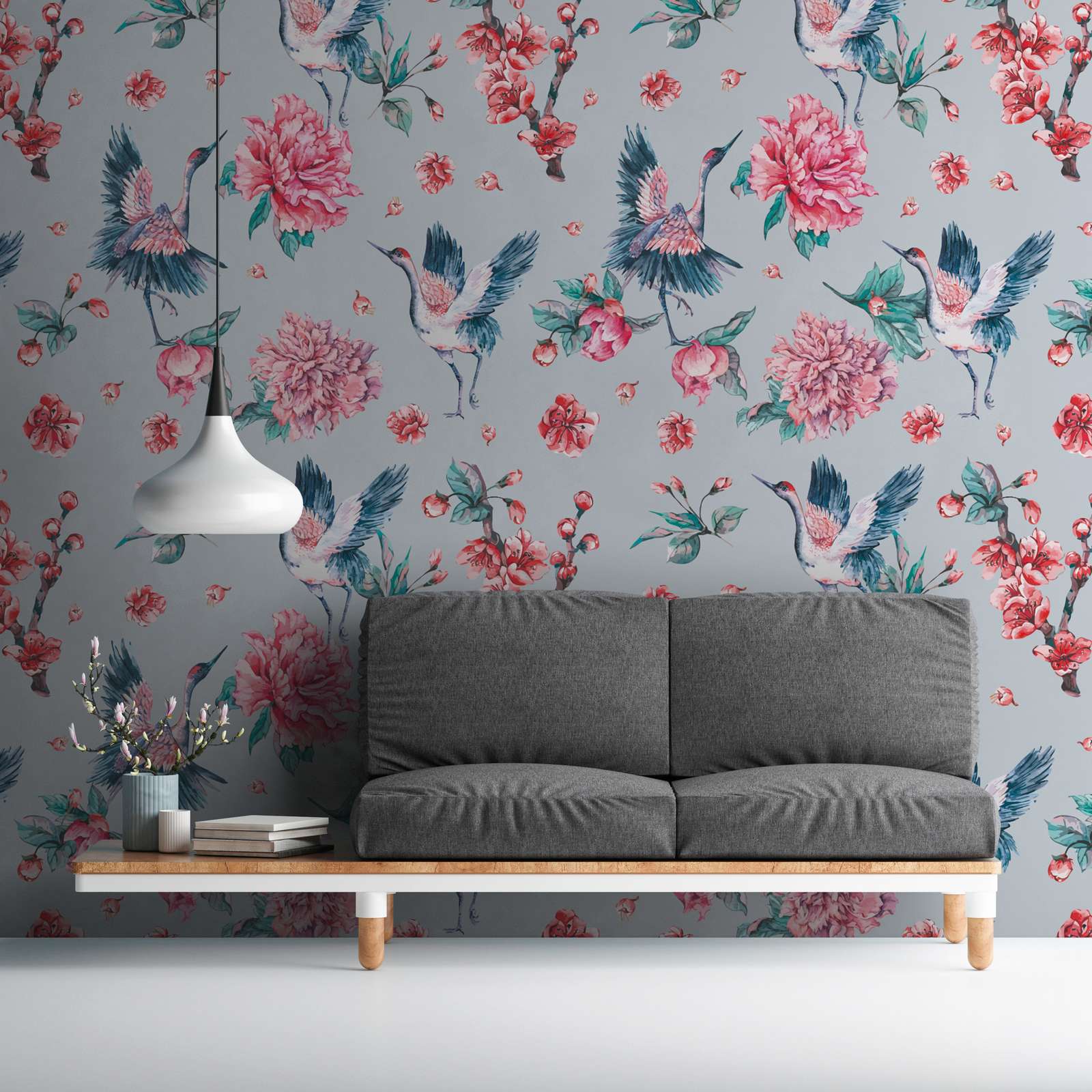  wallpaper,  floral pattern,  hummingbird,  grey wall,  sofa