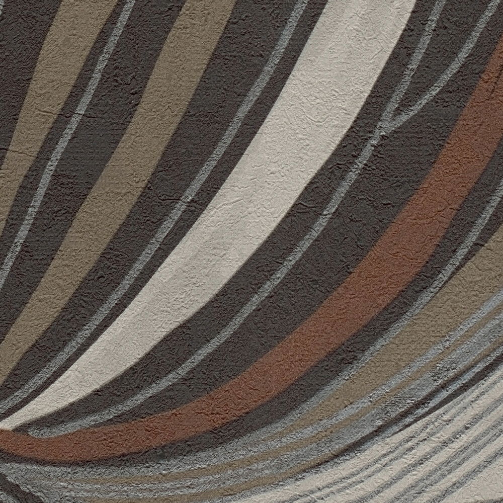             Extravagante und fein strukturierte Vliestapete mit geschwungenem, dynamischem Blätter-Design – Braun, Schwarz, Grau
        