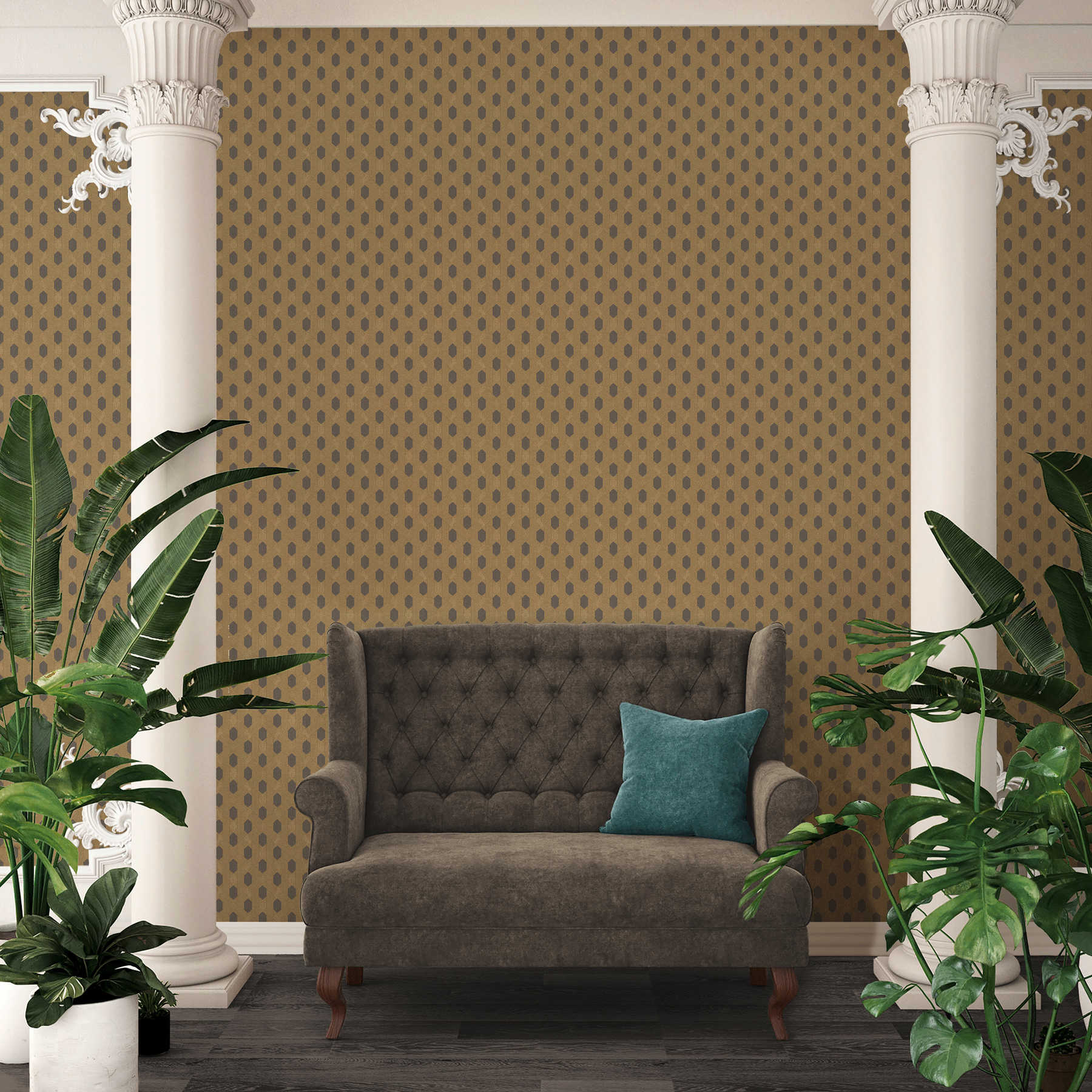 Vliestapete Gold mit geometrischem Muster – Braun, Gold, Schwarz