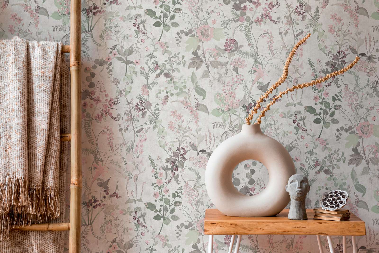             Natuurbehang met bloemenpatroon - grijs, groen, roze
        