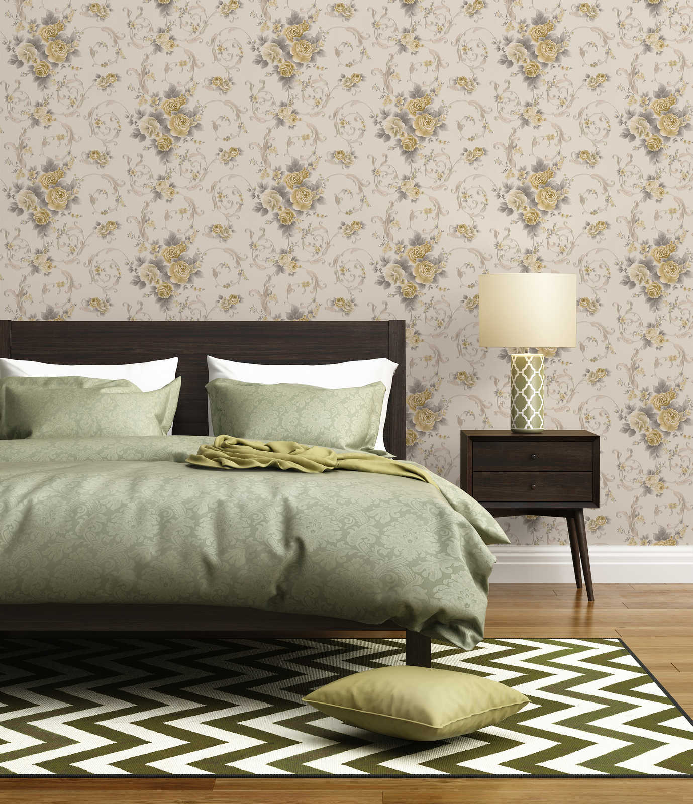 Rosenblüten-Tapete mit Metallic-Effekt im Landhausstil – Grau, Gold, Weiß