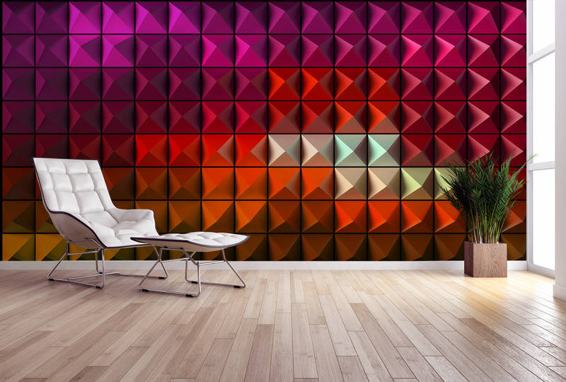             Futuristische Vliestapete – 3D Fototapete in Neonfarben mit geometrischem Design – Bunt, Rot
        