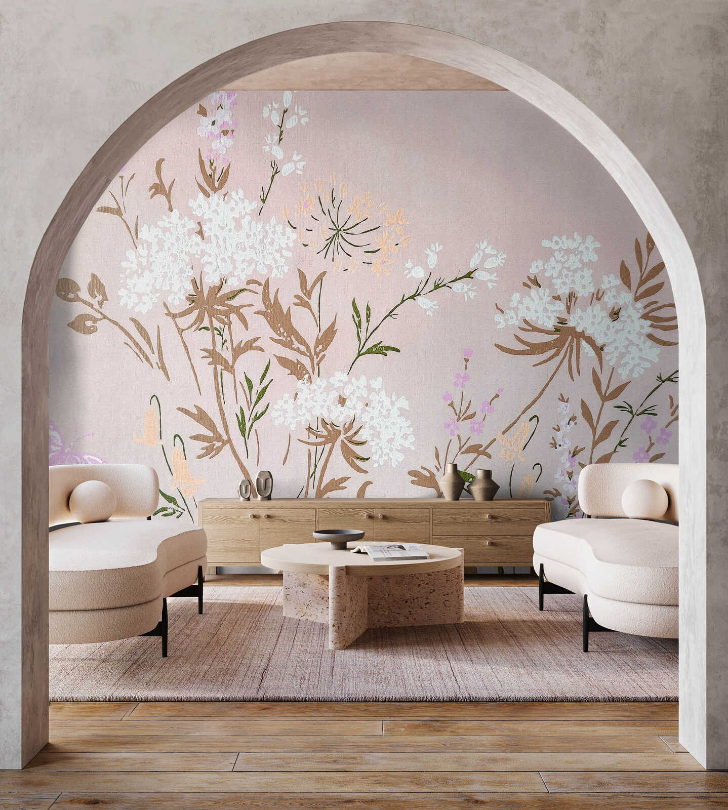 jardin2 - Modern floral illustration wallpaper with fine texture in handmade paper look - Pink, Brown