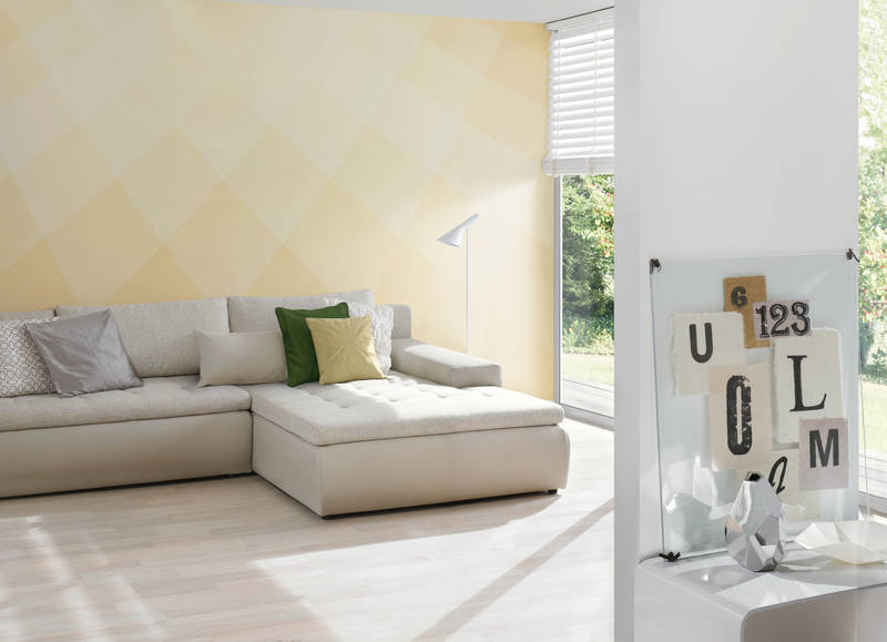 Ecksofa, Wohnzimmer, heller Raum, Lampe, Musterwand